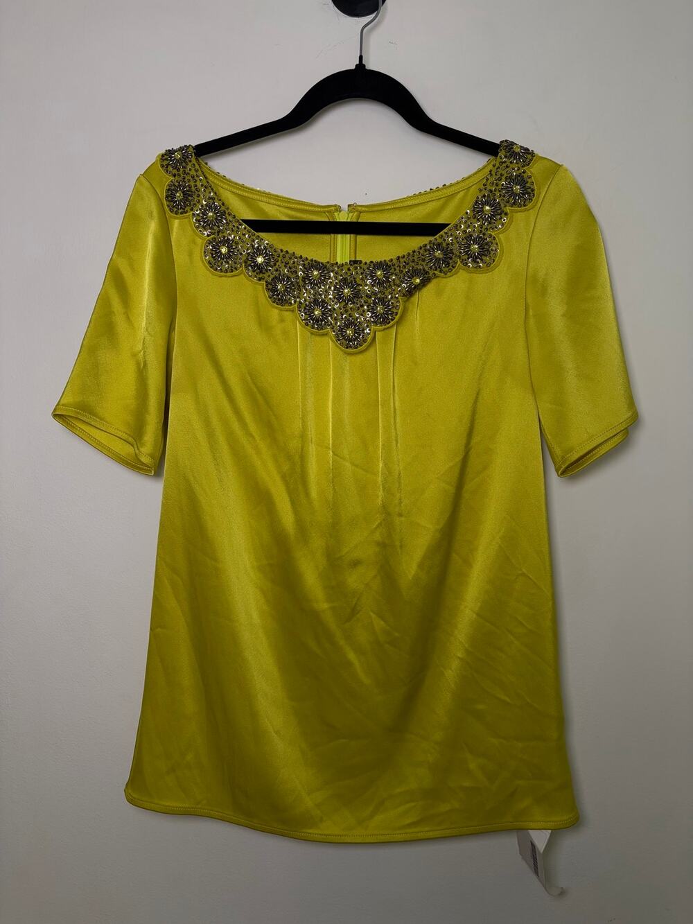 St.John Knits Satin Blouse Yellow Beaded Collar Short Sleeve Top- Size M